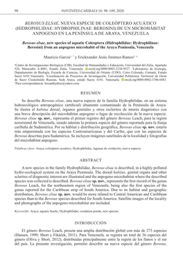 Berosus Elsae, Nueva Especie De Coleóptero Acuático (Hidrophilidae: Hydrophilinae: Berosini) De Un Microhábitat Anpogeno En La Península De Araya, Venezuela