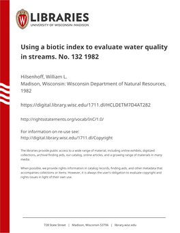 Using a Biotic Index to Evaluate Water Quality in Streams. No. 132 1982