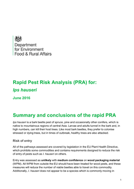 Rapid Pest Risk Analysis (PRA) For: Summary and Conclusions of The