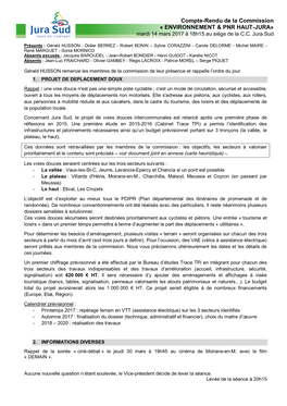 Compte-Rendu De La Commission « ENVIRONNEMENT & PNR HAUT-JURA» Mardi 14 Mars 2017 À 18H15 Au Siège De La C.C