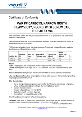 Vwr Pp Carboys, Na Heavy-Duty, Round, W