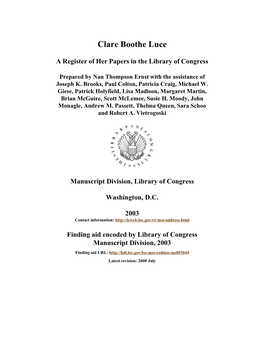 Papers of Clare Boothe Luce [Finding Aid]. Library of Congress. [PDF