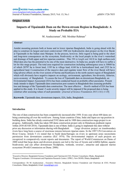 Impacts of Tipaimukh Dam on the Down-Stream Region in Bangladesh: a Study on Probable EIA