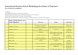 International Summer School 'Rethinking the Culture of Tolerance' List of Selected Candidates