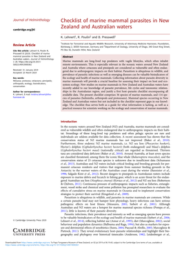 Checklist of Marine Mammal Parasites in New Zealand and Australian Waters Cambridge.Org/Jhl