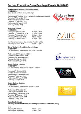 Open Evenings/Events 2014/2015