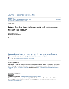 Dataset Search: a Lightweight, Community-Built Tool to Support Research Data Discovery