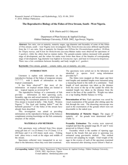 The Reproductive Biology of the Fishes of Owa Stream, South - West Nigeria