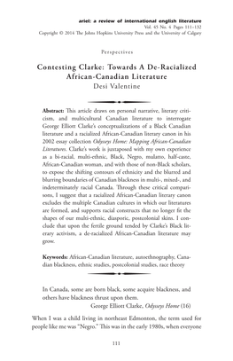 Towards a De-Racialized African-Canadian Literature Desi Valentine