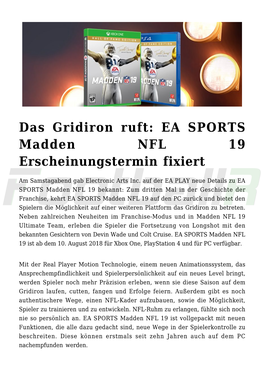 EA SPORTS Madden NFL 19 Erscheinungstermin Fixiert