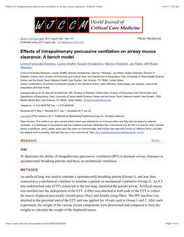 Effects of Intrapulmonary Percussive Ventilation on Airway Mucus Clearance: a Bench Model 11/2/17, 7�22 AM