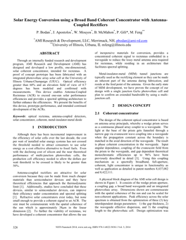 Solar Energy Conversion Using a Broad Band Coherent Concentrator with Antenna- Coupled Rectifiers