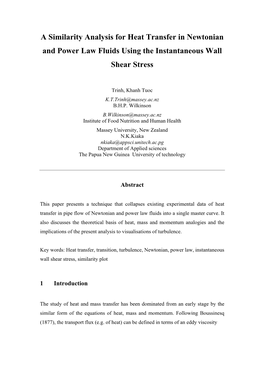 A Similarity Analysis for Heat Transfer in Newtonian and Power Law Fluids Using the Instantaneous Wall Shear Stress