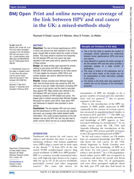 Print and Online Newspaper Coverage of the Link Between HPV and Oral Cancer in the UK: a Mixed-Methods Study