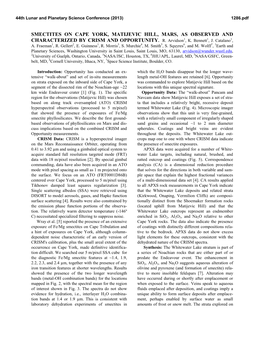 Smectites on Cape York, Matijevic Hill, Mars, As Observed and Characterized by Crism and Opportunity