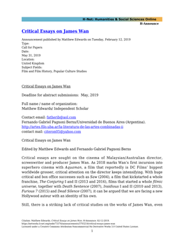 Critical Essays on James Wan