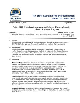 1985-01-A: Requirements for Initiation Or Change of Credit- Based Academic Programs