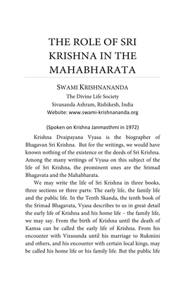 The Role of Sri Krishna in the Mahabharata