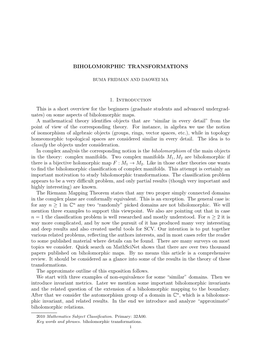 BIHOLOMORPHIC TRANSFORMATIONS 1. Introduction This Is a Short Overview for the Beginners