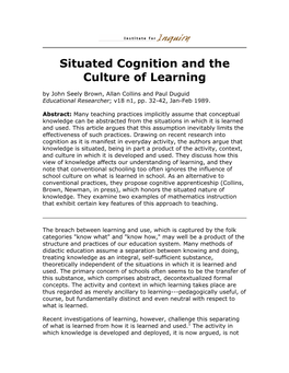 Situated Cognition and the Culture of Learning