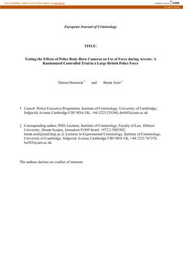 Testing the Effects of Police Body-Born Cameras on Use of Force During Arrests: a Randomized Controlled Trial in a Large British Police Force