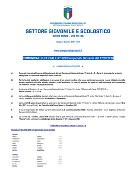 COMUNICATO UFFICIALE N° 020/Campionati Giovanili Del 12/09/2018