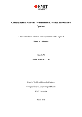 Chinese Herbal Medicine for Insomnia: Evidence, Practice and Opinions