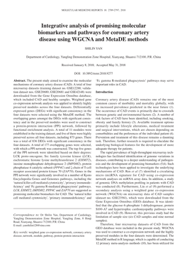 Integrative Analysis of Promising Molecular Biomarkers and Pathways for Coronary Artery Disease Using WGCNA and Metade Methods