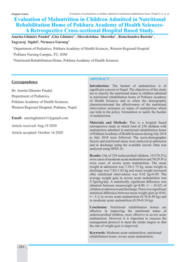 Evaluation of Malnutrition in Children Admitted in Nutritional Rehabilitation Home of Pokhara Academy of Health Sciences- A