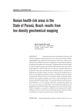 Human Health Risk Areas in the State of Paraná, Brazil: Results from Low Density Geochemical Mapping