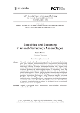Biopolitics and Becoming in Animal-Technology Assemblages Richie Nimmo University of Manchester
