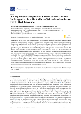 A Graphene/Polycrystalline Silicon Photodiode and Its Integration in a Photodiode–Oxide–Semiconductor Field Eﬀect Transistor