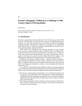 1 Fresnel's (Dragging) Coefficient As a Challenge to 19Th Century Optics