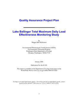 Quality Assurance Project Plan: Lake Ballinger Total Maximum Daily Load Effectiveness Monitoring Study