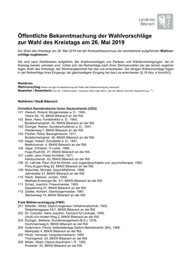 Öffentliche Bekanntmachung Der Wahlvorschläge Zur Wahl Des Kreistags Am 26