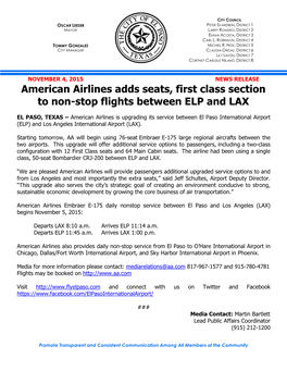 American Airlines Adds Seats, First Class Section to Non-Stop Flights Between ELP and LAX