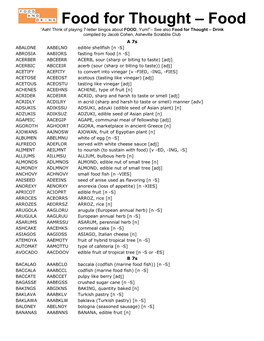 Food for Thought – Food “Aah! Think of Playing 7-Letter Bingos About FOOD, Yum!”– See Also Food for Thought – Drink Compiled by Jacob Cohen, Asheville Scrabble Club