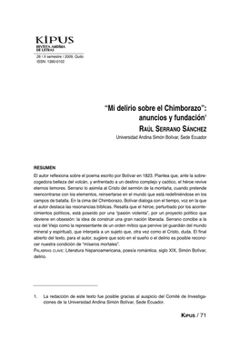 “Mi Delirio Sobre El Chimborazo”: Anuncios Y Fundación1 RAÚL SERRANO SÁNCHEZ Universidad Andina Simón Bolívar, Sede Ecuador