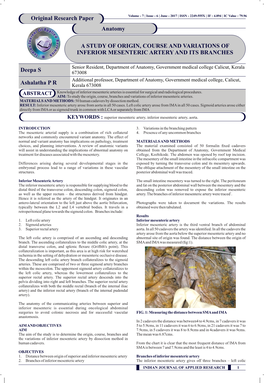 A STUDY of ORIGIN, COURSE and VARIATIONS of INFERIOR MESENTERIC ARTERY and ITS BRANCHES Deepa S Ashalatha P R Original Research