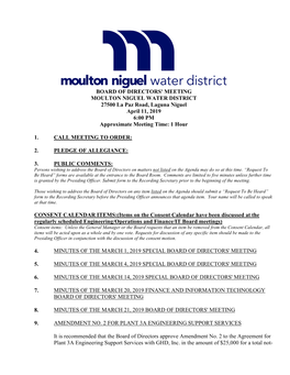 BOARD of DIRECTORS' MEETING MOULTON NIGUEL WATER DISTRICT 27500 La Paz Road, Laguna Niguel April 11, 2019 6:00 PM Approximate Meeting Time: 1 Hour