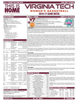 2016-17 Game Notes Game Information Game 30 - Clemson Conway, S.C