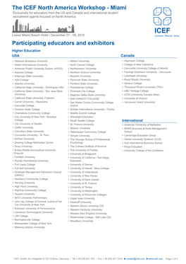 Participating Educators and Exhibitors the ICEF North America Workshop