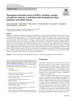 Homozygous Frameshift Variant in NTNG2, Encoding a Synaptic Cell Adhesion Molecule, in Individuals with Developmental Delay, Hypotonia, and Autistic Features