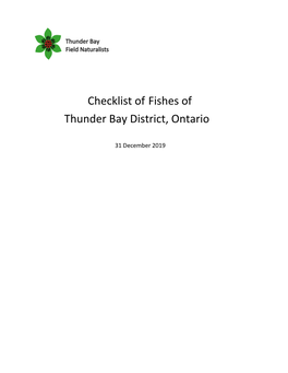 Checklist of Fishes of Thunder Bay District, Ontario