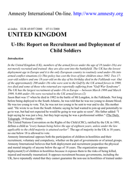 UNITED KINGDOM U-18S: Report on Recruitment and Deployment of Child Soldiers