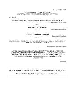 S.C.C. File No. 38992 in the SUPREME COURT of CANADA (ON APPEAL from the COURT of APPEAL of MANITOBA)