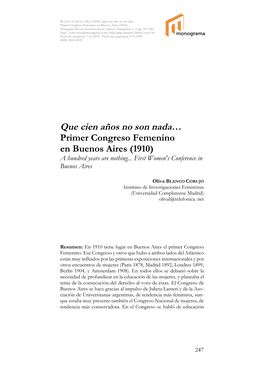 Que Cien Años No Son Nada… Primer Congreso Femenino En Buenos Aires (1910)» Monograma