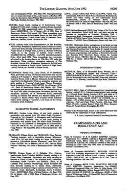 The London Gazette, 16Th June 1992 10209 Companies Acts