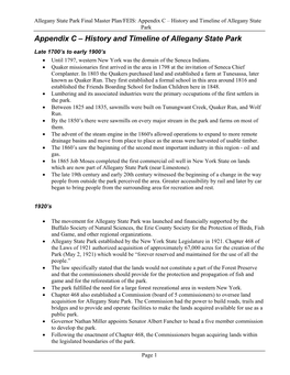 History and Timeline of Allegany State Park Appendix C – History and Timeline of Allegany State Park