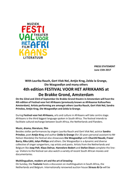 4Th Edition FESTIVAL VOOR HET AFRIKAANS at De Brakke Grond